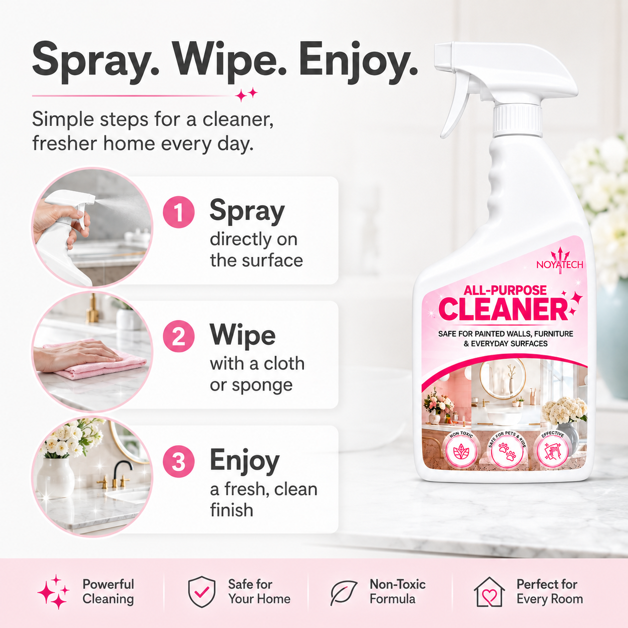 Three-step how-to-use guide for NOYATECH All-Purpose Cleaner: spray on surface, wipe with cloth, enjoy a fresh, clean finish
