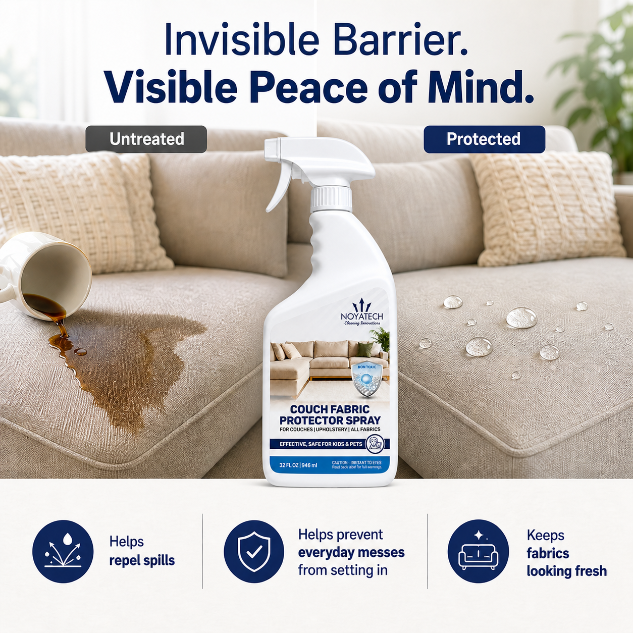 NOYATECH Couch Fabric Protector Spray, 32 oz Upholstery Protector & Stain Guard, Water-Based Fabric Protection Spray for Couches, Furniture, Rugs, Chairs & All Fabrics, Kid & Pet Home Friendly
