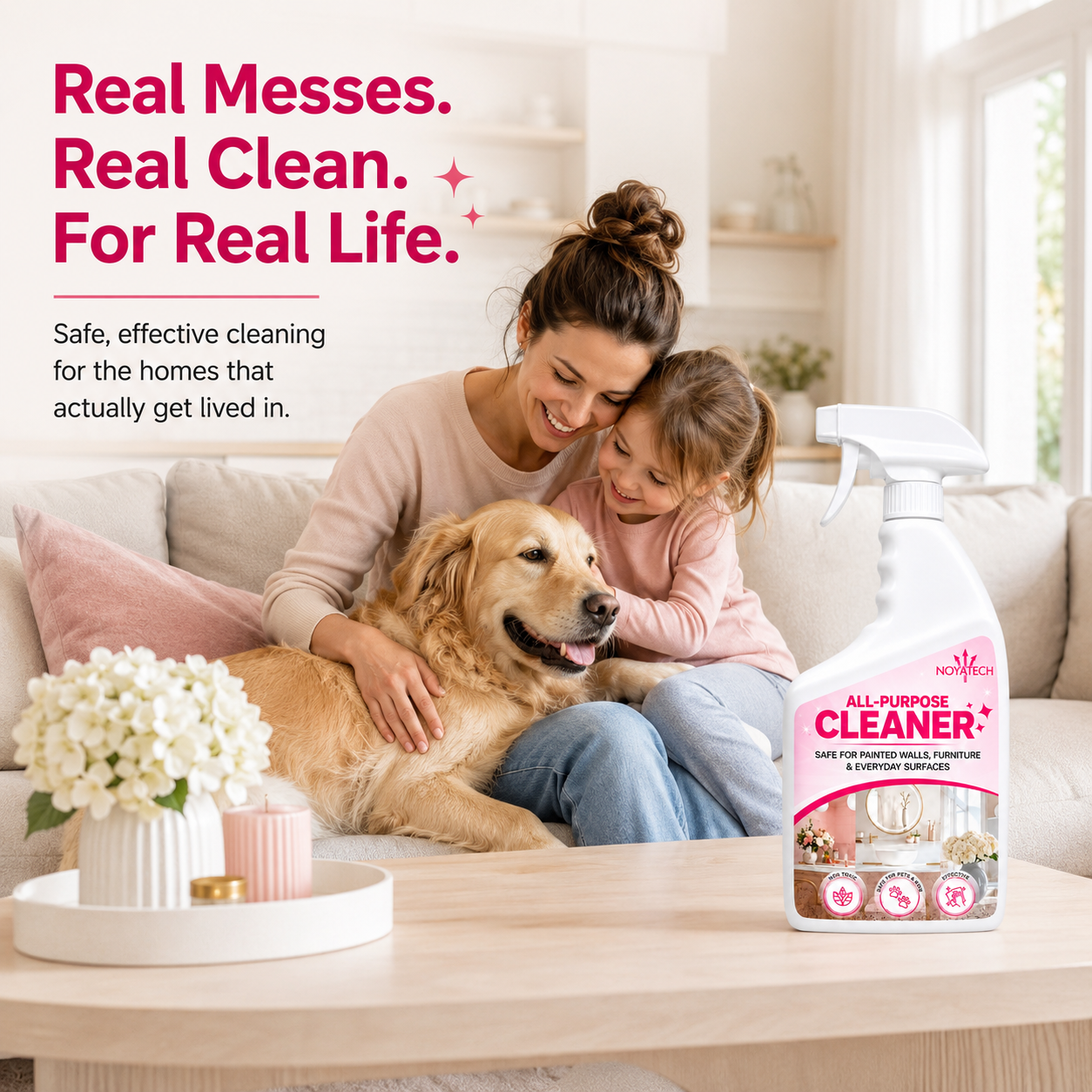 Mother, daughter and golden retriever in a serene living room with NOYATECH All-Purpose Cleaner — safe, effective cleaning for homes that get lived in