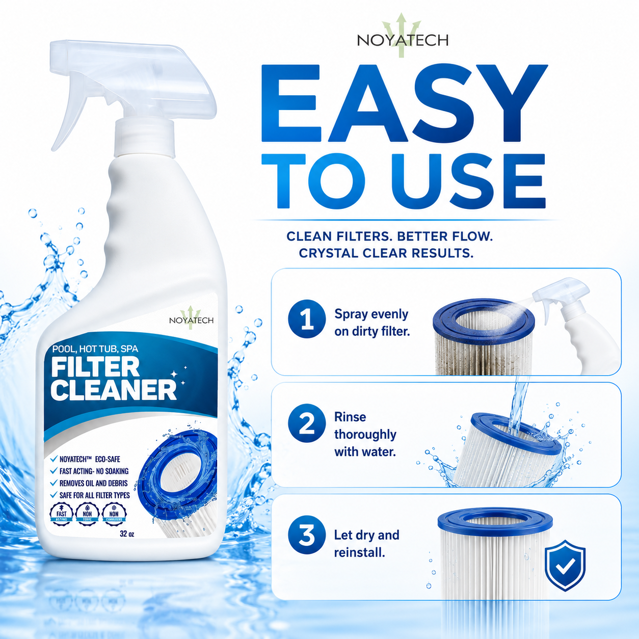 How to use Noyatech Filter Cleaner: spray evenly on dirty pool, hot tub, or spa filter, rinse thoroughly with water, then let dry and reinstall — clean filters, better flow, crystal-clear results