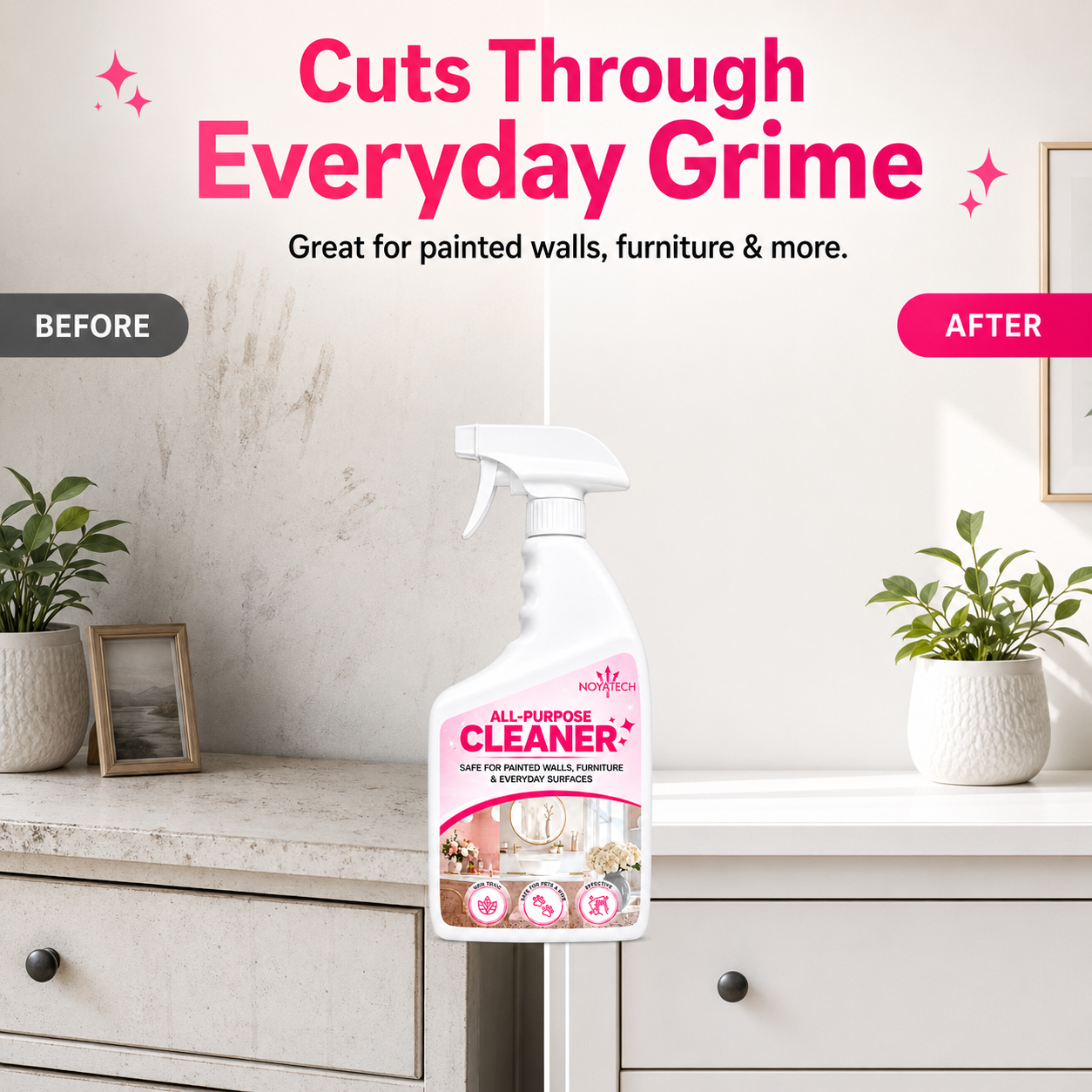 Before-and-after of grimy wall vs. spotless surface using NOYATECH All-Purpose Cleaner — cuts through everyday grime