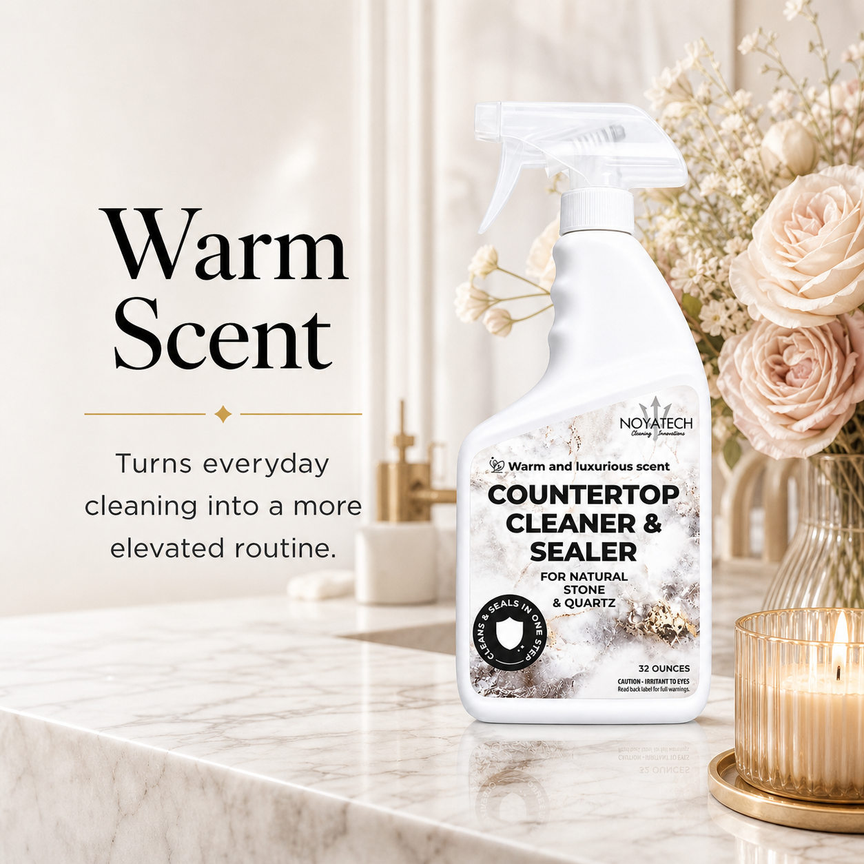 NOYATECH Countertop Cleaner & Sealer warm-scented spray on marble counter with roses — cleans & seals natural stone and quartz in one step