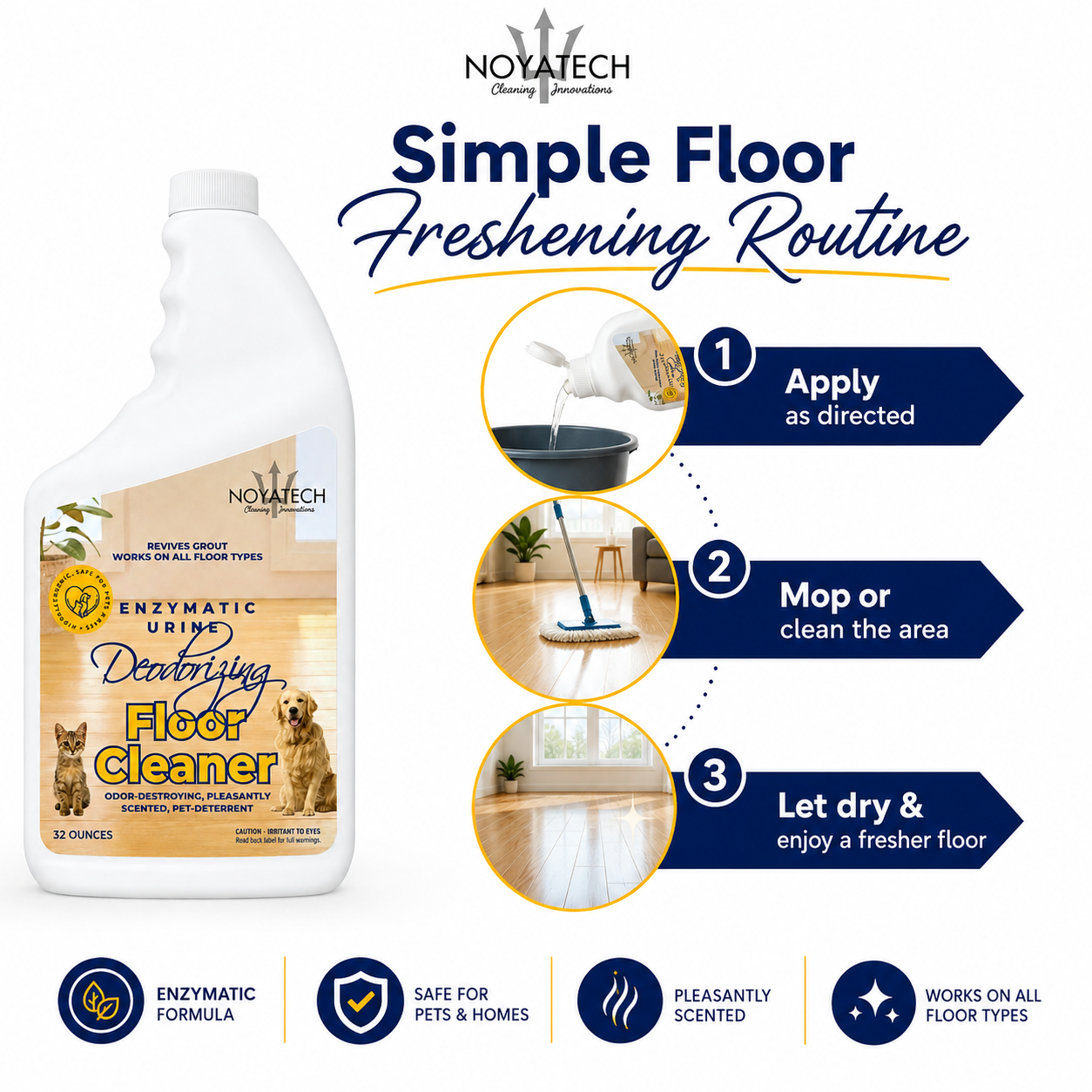 Three-step routine for NOYATECH Enzymatic Floor Cleaner: apply as directed, mop or clean the area, let dry for a fresher floor