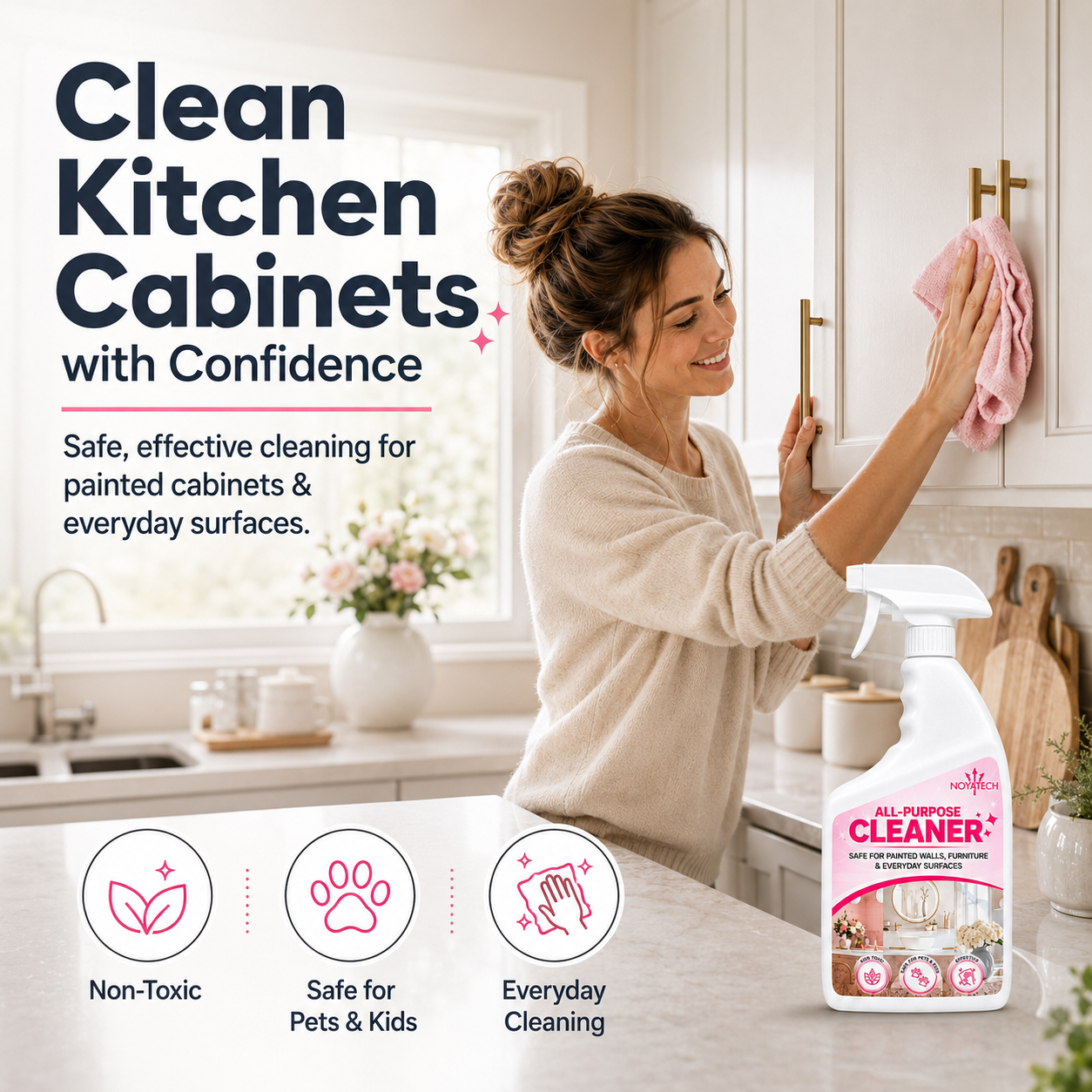 Woman wiping painted kitchen cabinets in a bright luxury kitchen with NOYATECH All-Purpose Cleaner — safe, effective everyday cleaning