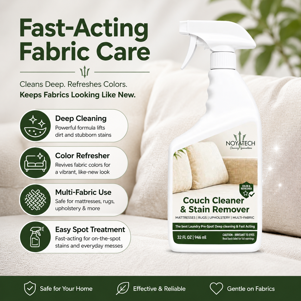 NOYATECH Couch Cleaner Fast-Acting Fabric Care - deep cleaning, color refresher, multi-fabric, easy spot treatment for sofas