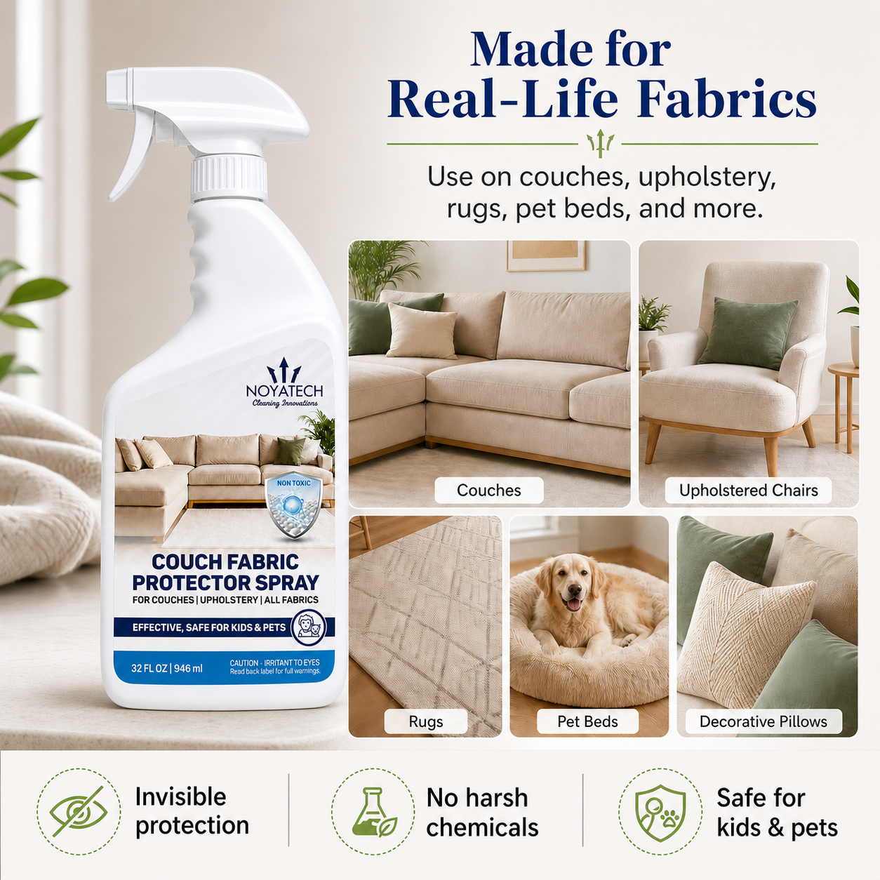 NOYATECH Couch Fabric Protector Spray, 32 oz Upholstery Protector & Stain Guard, Water-Based Fabric Protection Spray for Couches, Furniture, Rugs, Chairs & All Fabrics, Kid & Pet Home Friendly