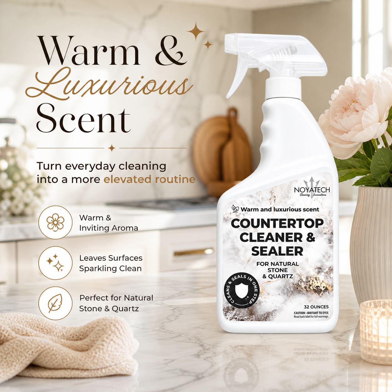 NOYATECH Countertop Cleaner & Sealer with warm & luxurious scent — inviting aroma, leaves surfaces sparkling clean, perfect for natural stone & quartz