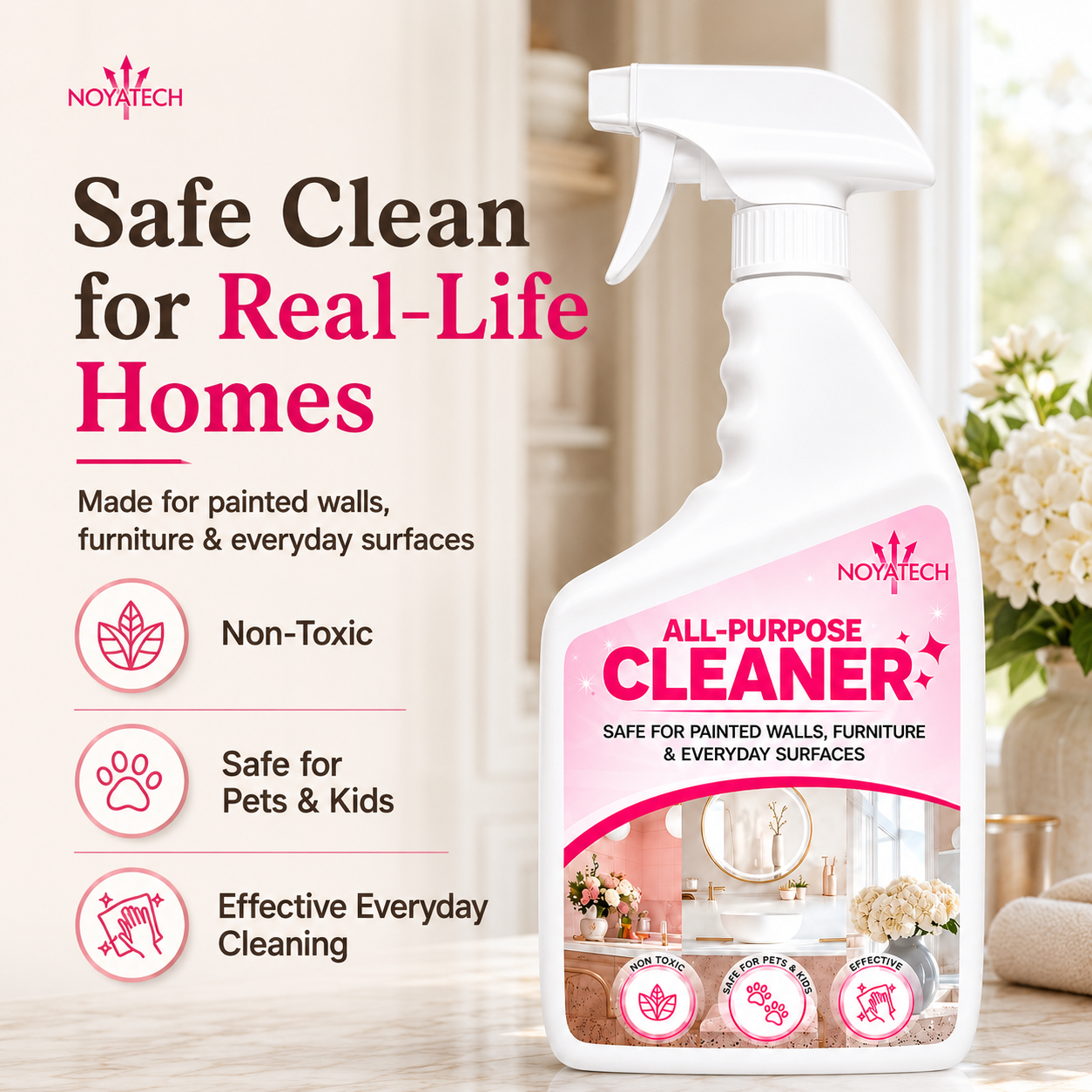 NOYATECH All-Purpose Cleaner styled in luxury home interior — non-toxic, safe for pets and kids, effective everyday cleaning