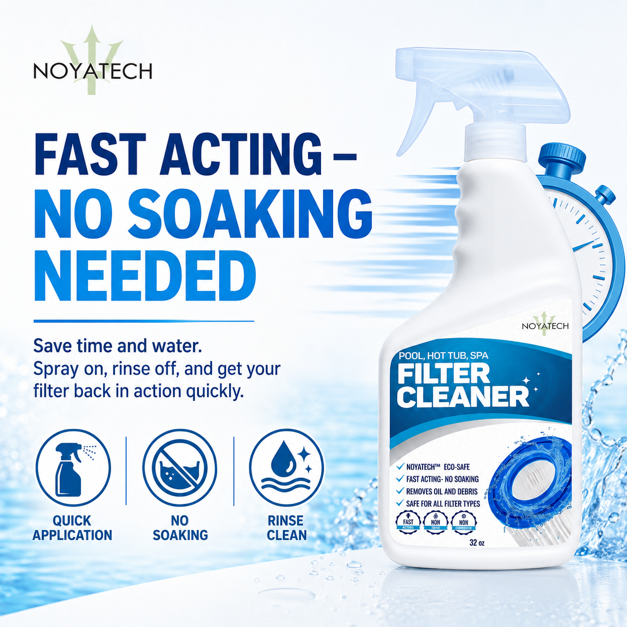 Noyatech Filter Cleaner — fast acting, no soaking needed: spray on, rinse off, restore filter performance with quick application and rinse-clean ease