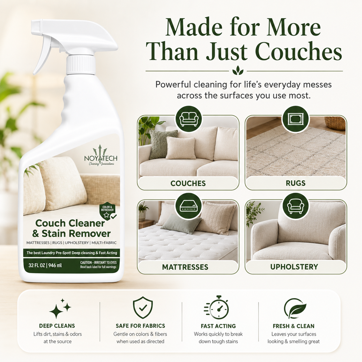 Made for More Than Just Couches - NOYATECH Couch Cleaner safe on couches, rugs, mattresses, upholstery, deep cleans, fast acting