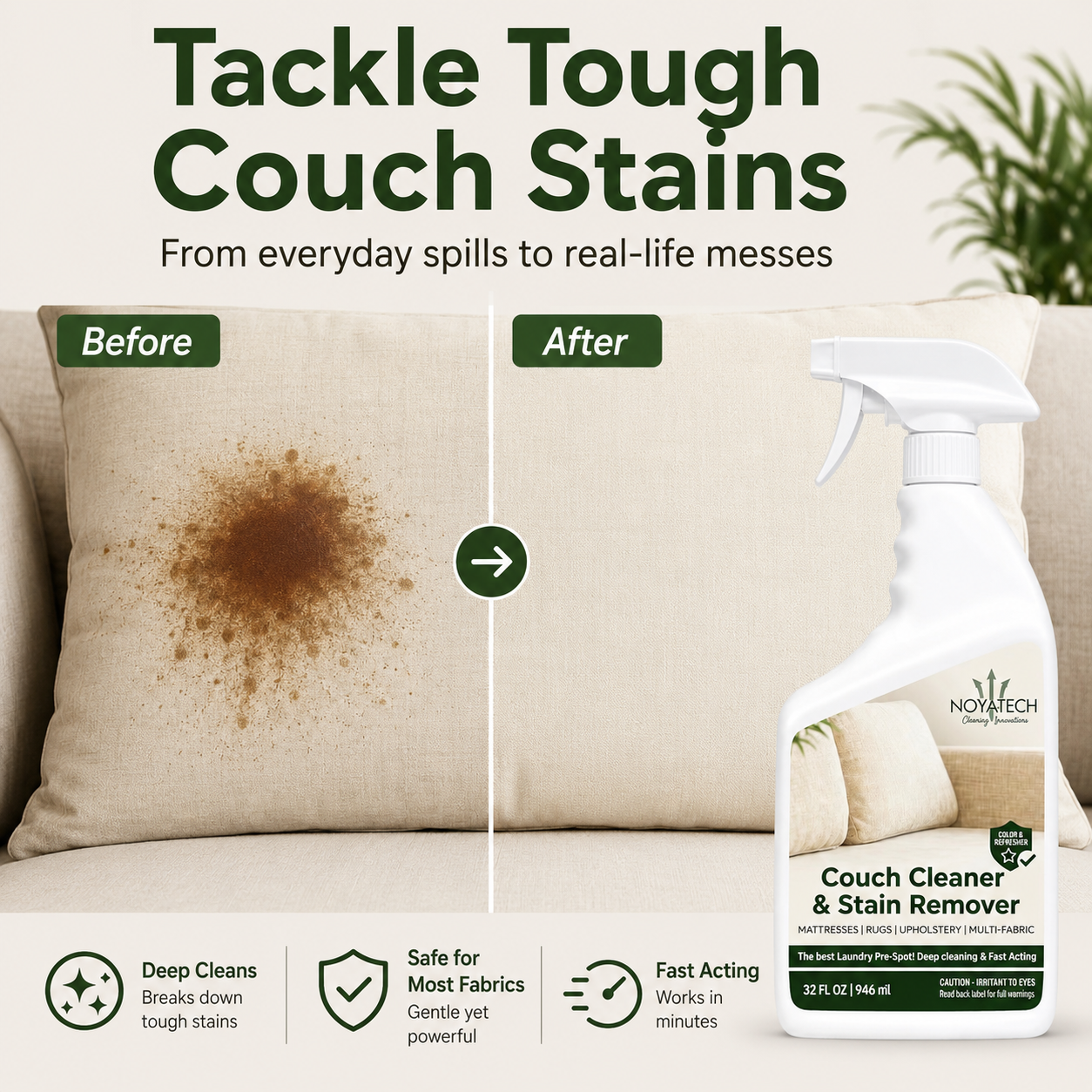 Tackle Tough Couch Stains before-and-after photo - NOYATECH Couch Cleaner removes deep set fabric stains, gentle, fast acting