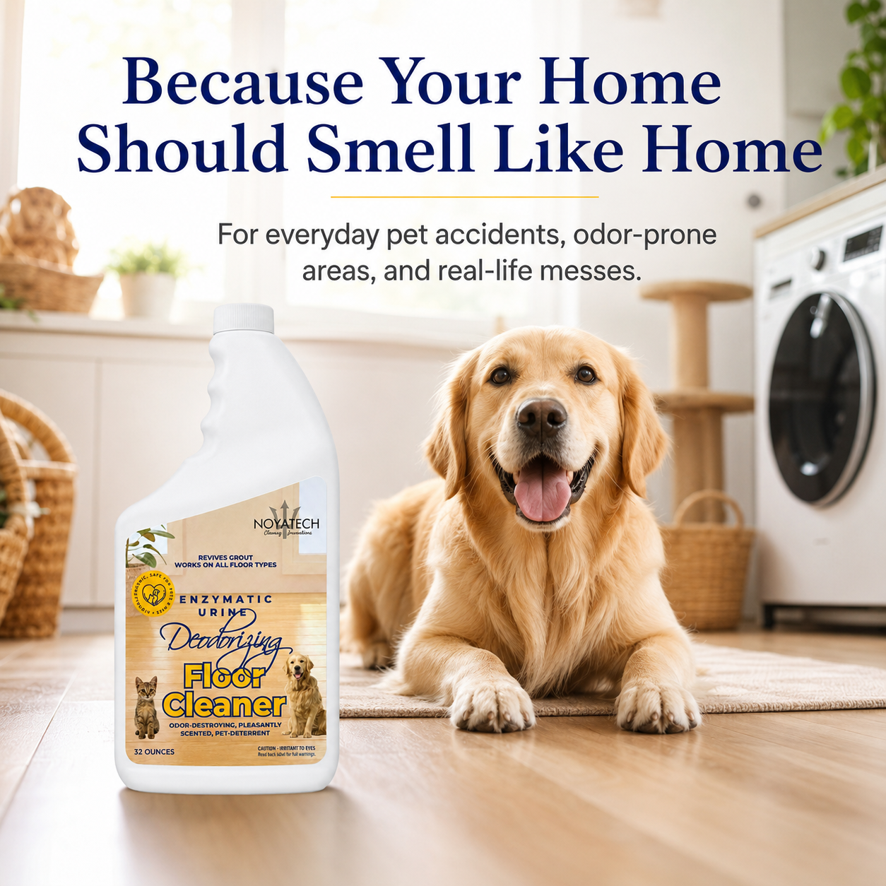 Golden retriever lying beside NOYATECH Enzymatic Floor Cleaner in a bright laundry room — odor-neutralizing care for everyday pet accidents