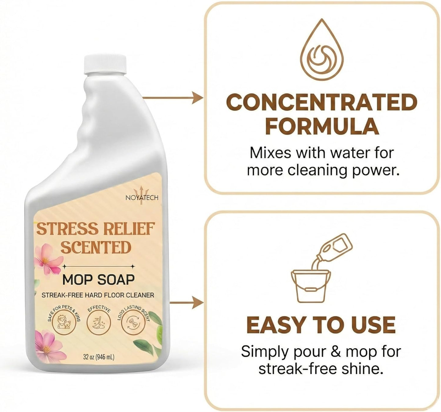 Noyatech Mop Soap Highly Scented Stress Relief Fragrance. Floor Cleaner Concentrate – Non-Toxic, Pet safe, No Residue – Safe for Tile, Stone, Marble, Wood, & Grout – For All Mop Types – Made in USA