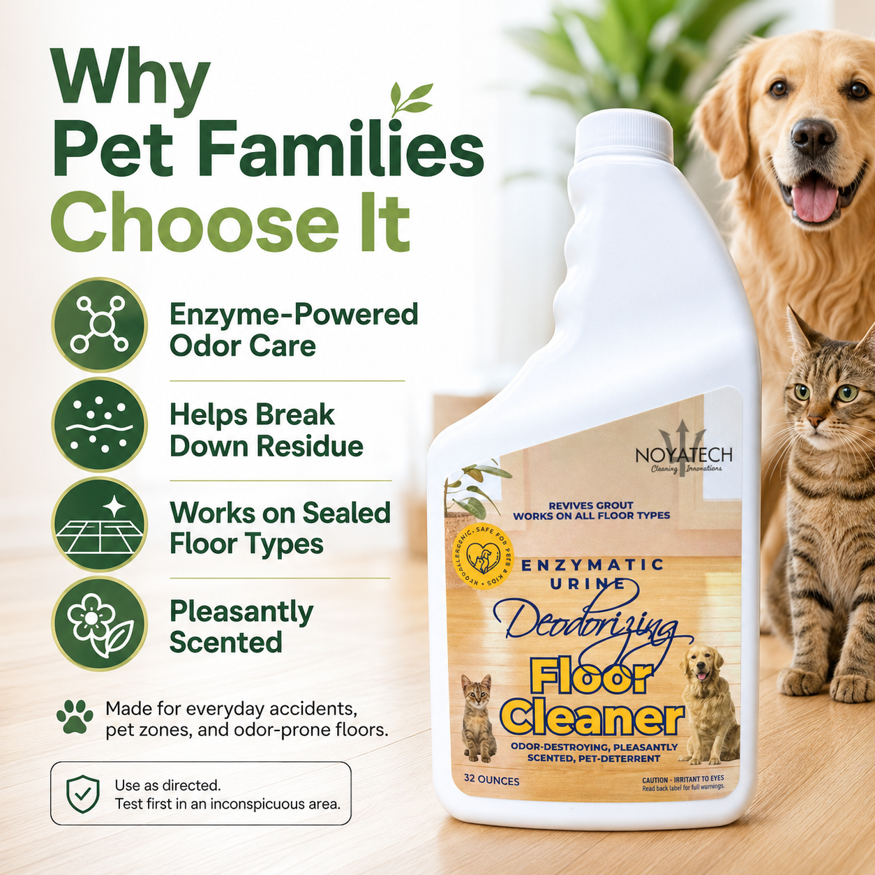 Why pet families choose NOYATECH Enzymatic Urine Deodorizing Floor Cleaner — enzyme-powered odor care, breaks down residue, works on sealed floors, pleasantly scented