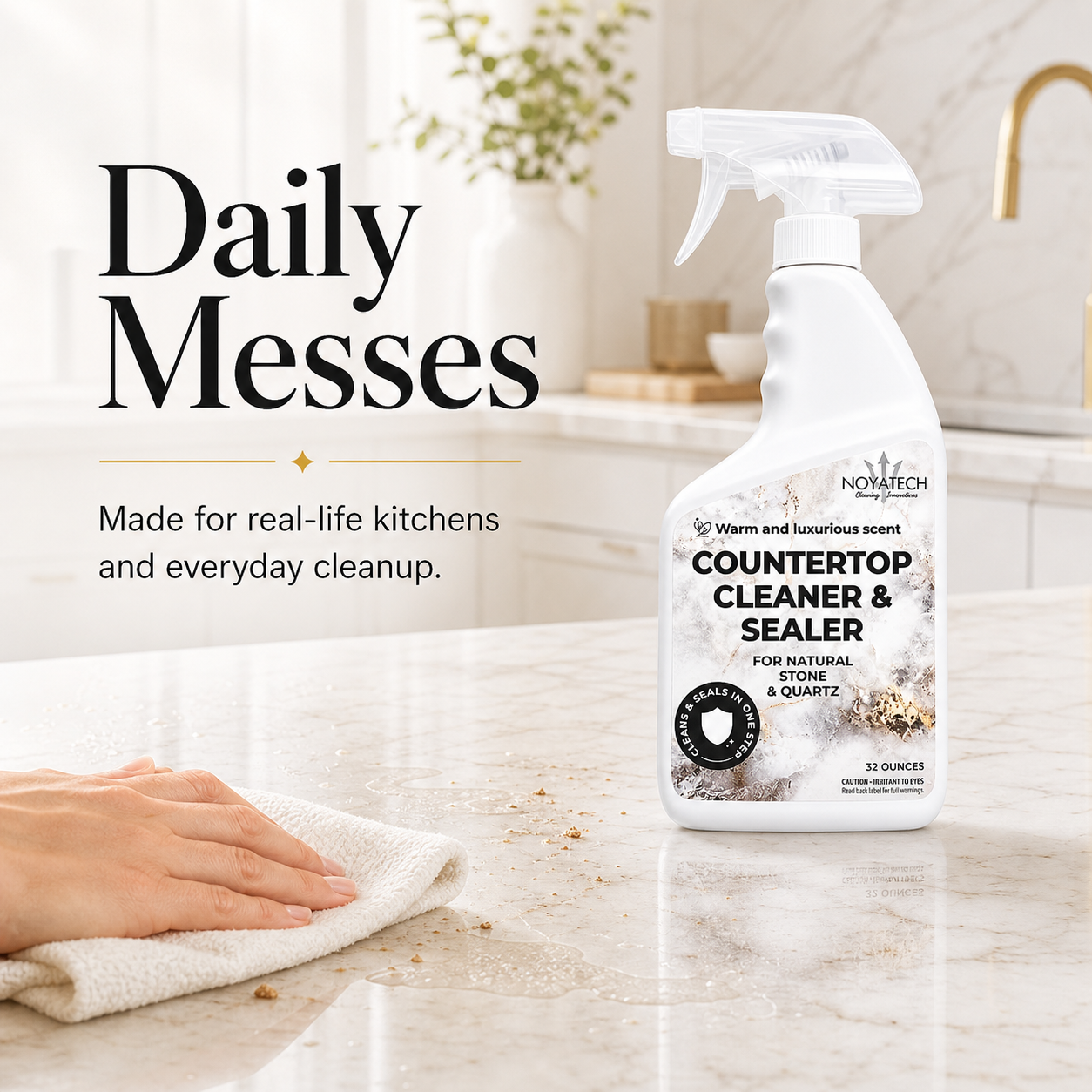 NOYATECH Countertop Cleaner & Sealer for daily messes — made for real-life kitchens and everyday cleanup on natural stone & quartz