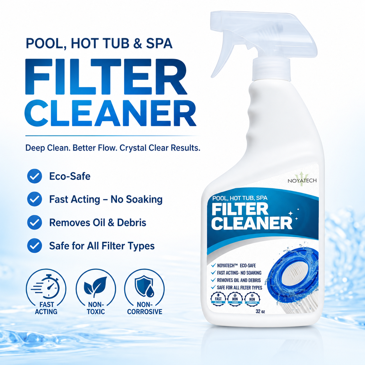 Noyatech Pool, Hot Tub & Spa Filter Cleaner 32 oz spray bottle — eco-safe, fast acting, no soaking, removes oil and debris, safe for all filter types