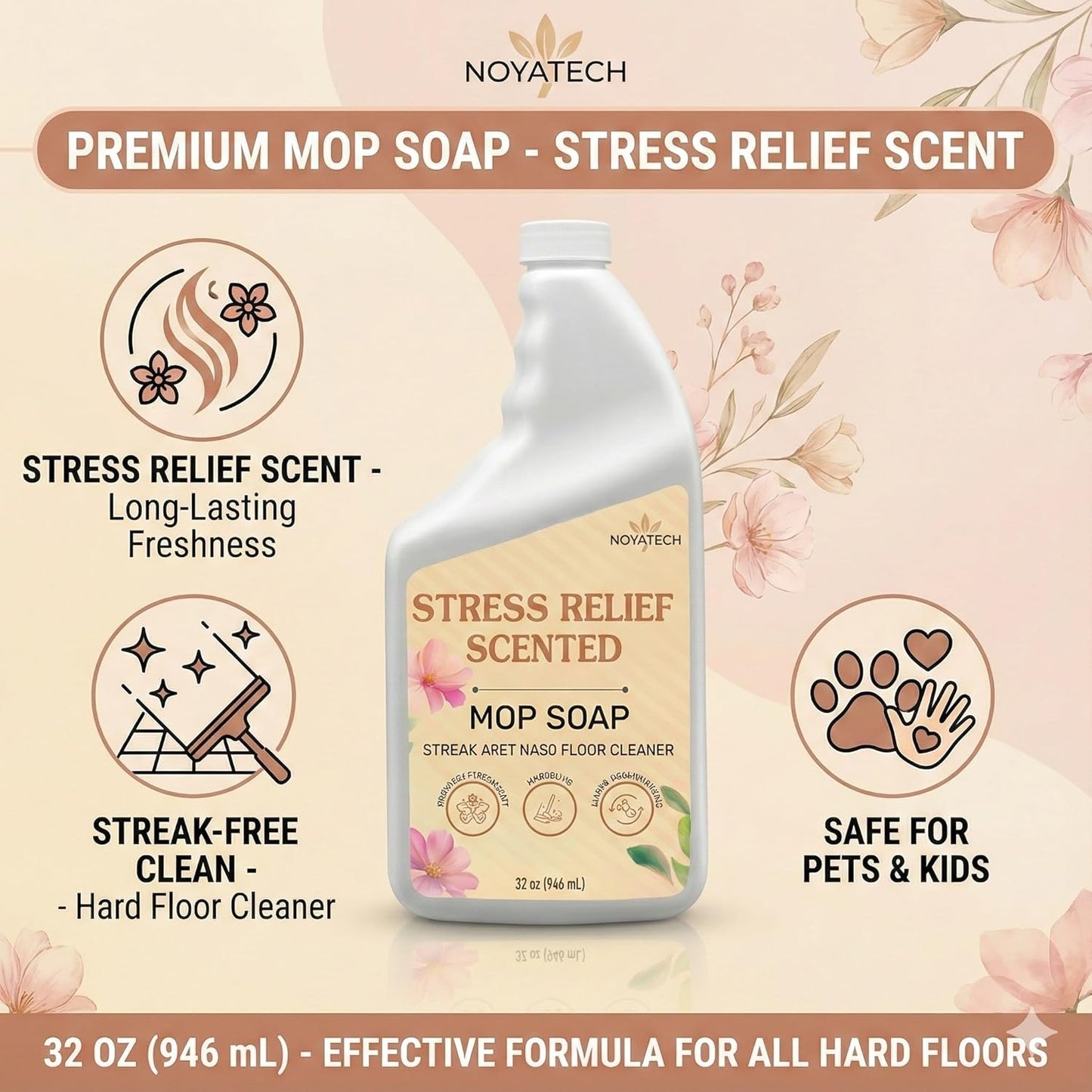 Noyatech Mop Soap Highly Scented Stress Relief Fragrance. Floor Cleaner Concentrate – Non-Toxic, Pet safe, No Residue – Safe for Tile, Stone, Marble, Wood, & Grout – For All Mop Types – Made in USA