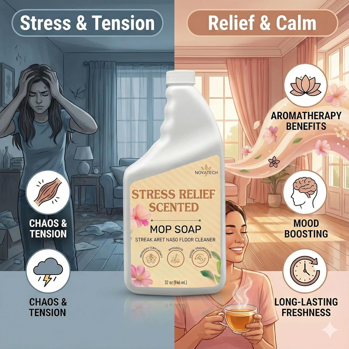 Noyatech Mop Soap Highly Scented Stress Relief Fragrance. Floor Cleaner Concentrate – Non-Toxic, Pet safe, No Residue – Safe for Tile, Stone, Marble, Wood, & Grout – For All Mop Types – Made in USA