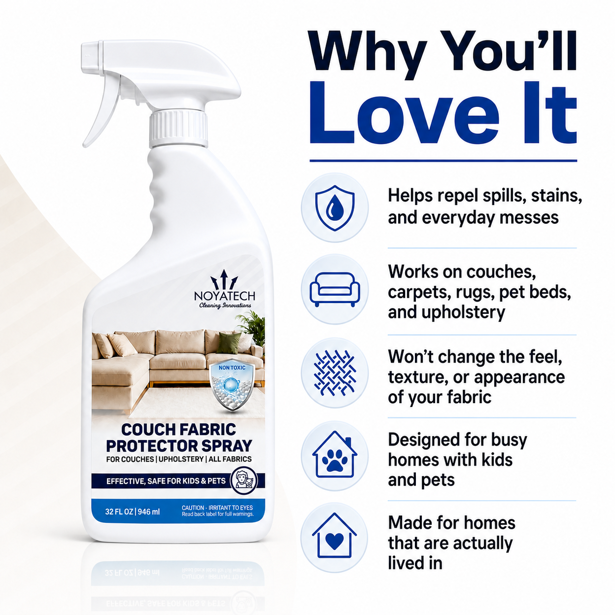 NOYATECH Couch Fabric Protector Spray, 32 oz Upholstery Protector & Stain Guard, Water-Based Fabric Protection Spray for Couches, Furniture, Rugs, Chairs & All Fabrics, Kid & Pet Home Friendly
