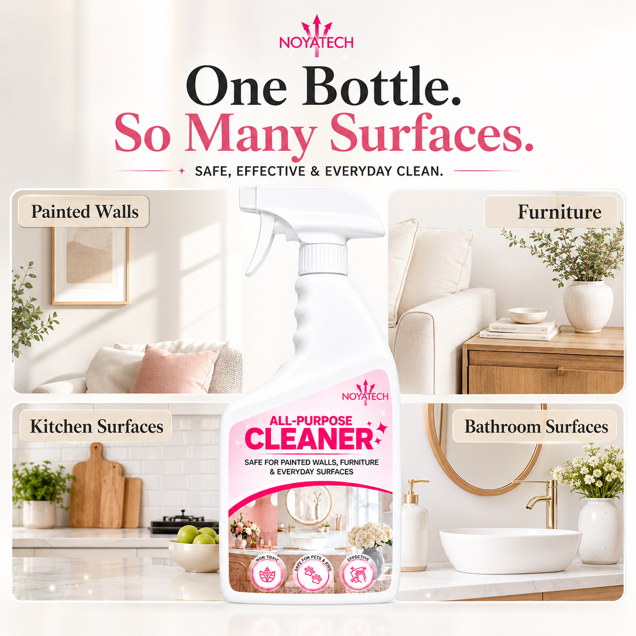 NOYATECH All-Purpose Cleaner lifestyle layout — one bottle for painted walls, furniture, kitchen and bathroom surfaces