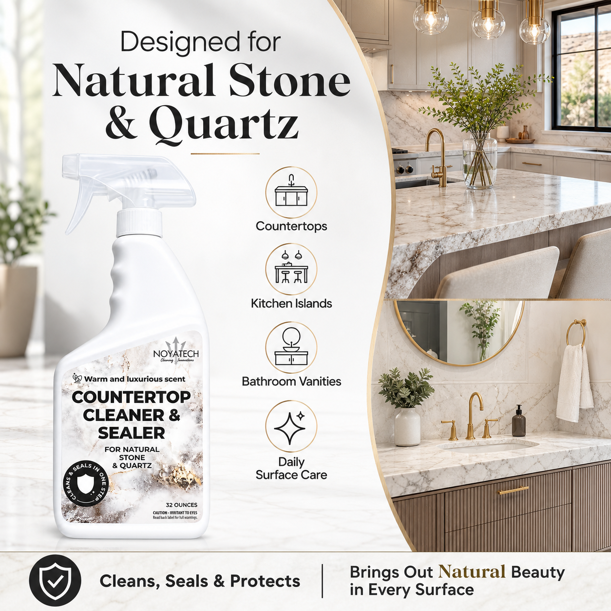 NOYATECH Countertop Cleaner & Sealer designed for natural stone & quartz — safe on countertops, kitchen islands, bathroom vanities; cleans, seals & protects natural beauty
