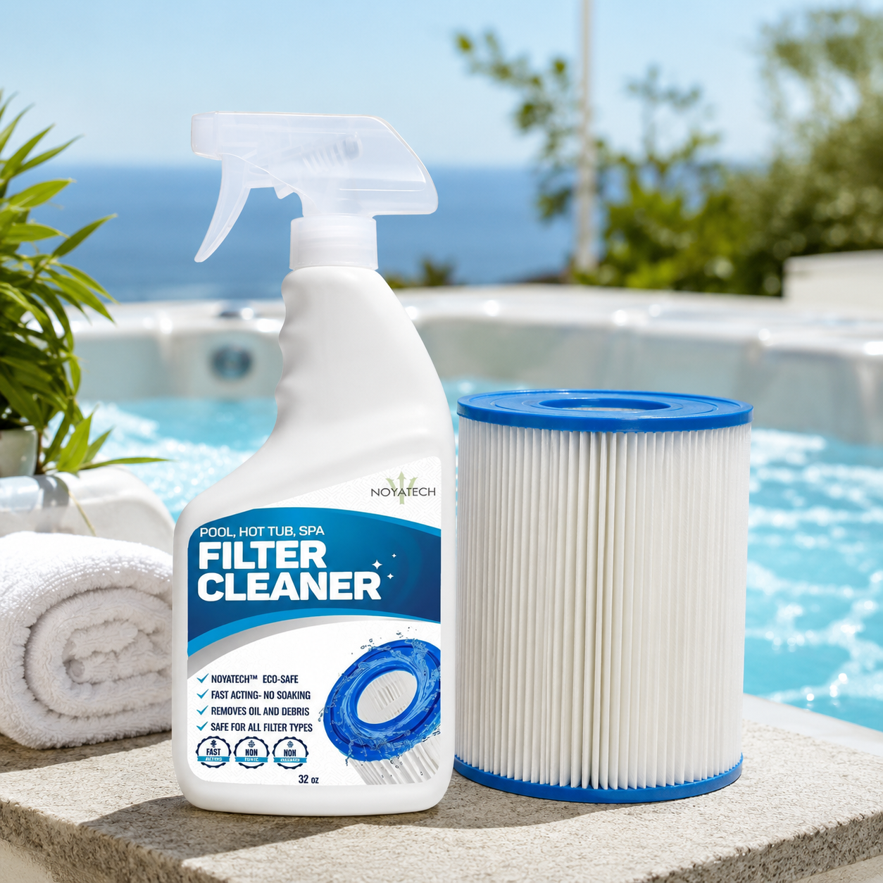 Noyatech Filter Cleaner spray bottle beside a clean pool filter cartridge in a luxury outdoor spa setting with ocean view