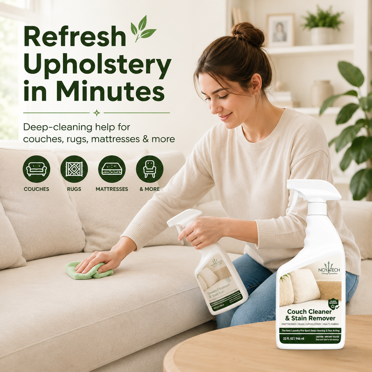 Refresh Upholstery in Minutes - woman applying NOYATECH Couch Cleaner to sofa, deep cleaning for couches rugs mattresses