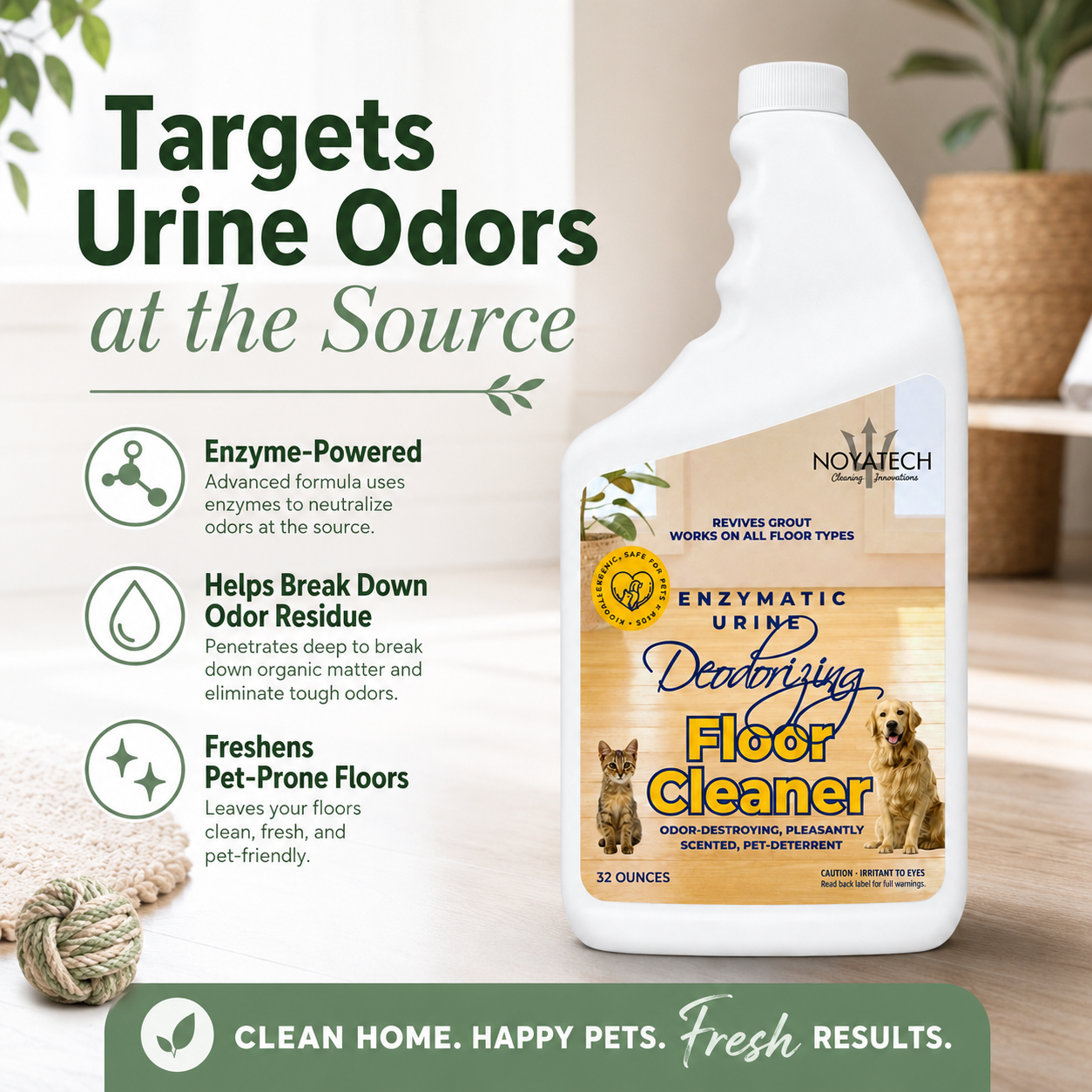 NOYATECH Enzymatic Floor Cleaner targets urine odors at the source — enzyme-powered formula breaks down odor residue and freshens pet-prone floors