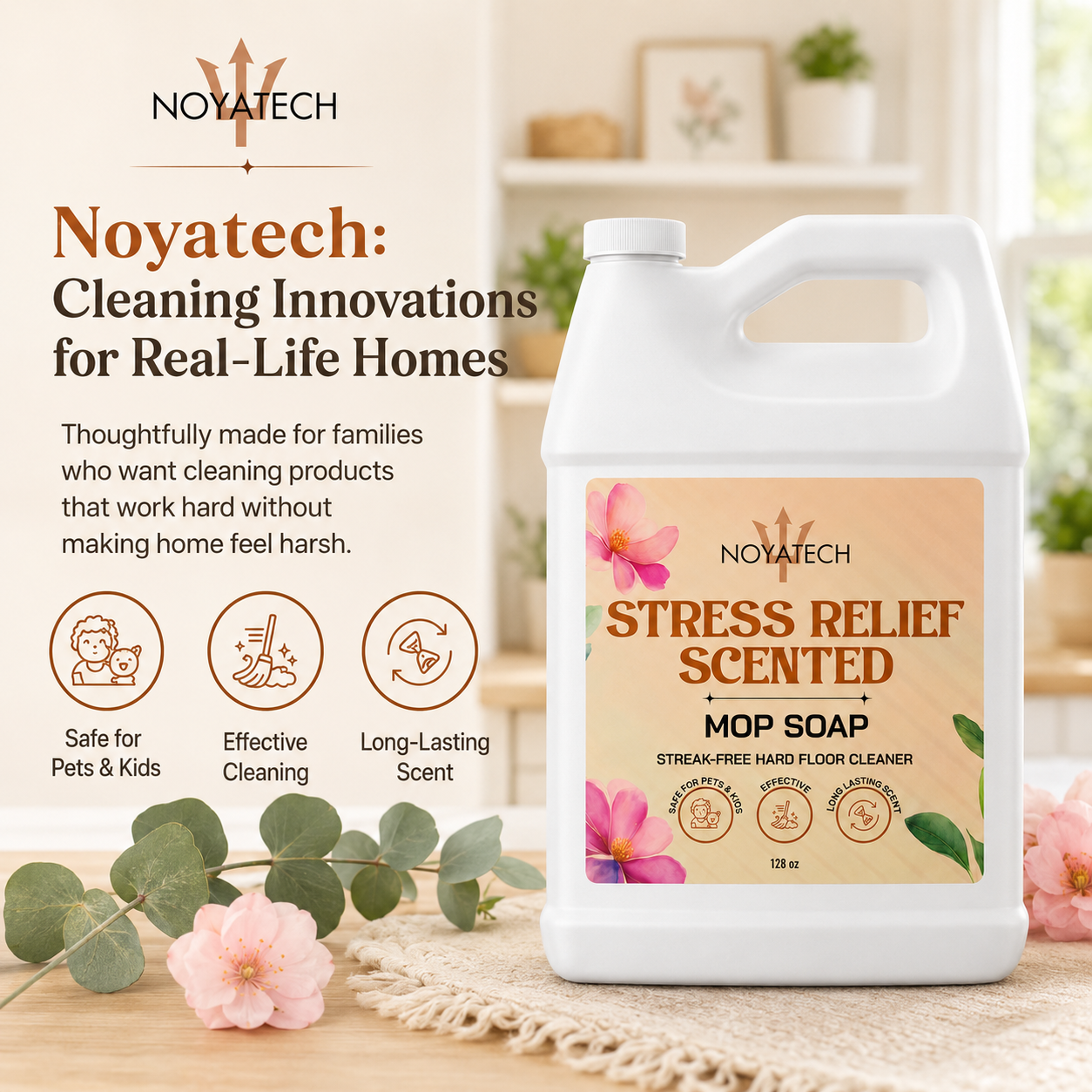 NOYATECH Stress Relief Mop Soap gallon — cleaning innovations for real-life homes; safe for pets & kids, effective cleaning, long-lasting scent
