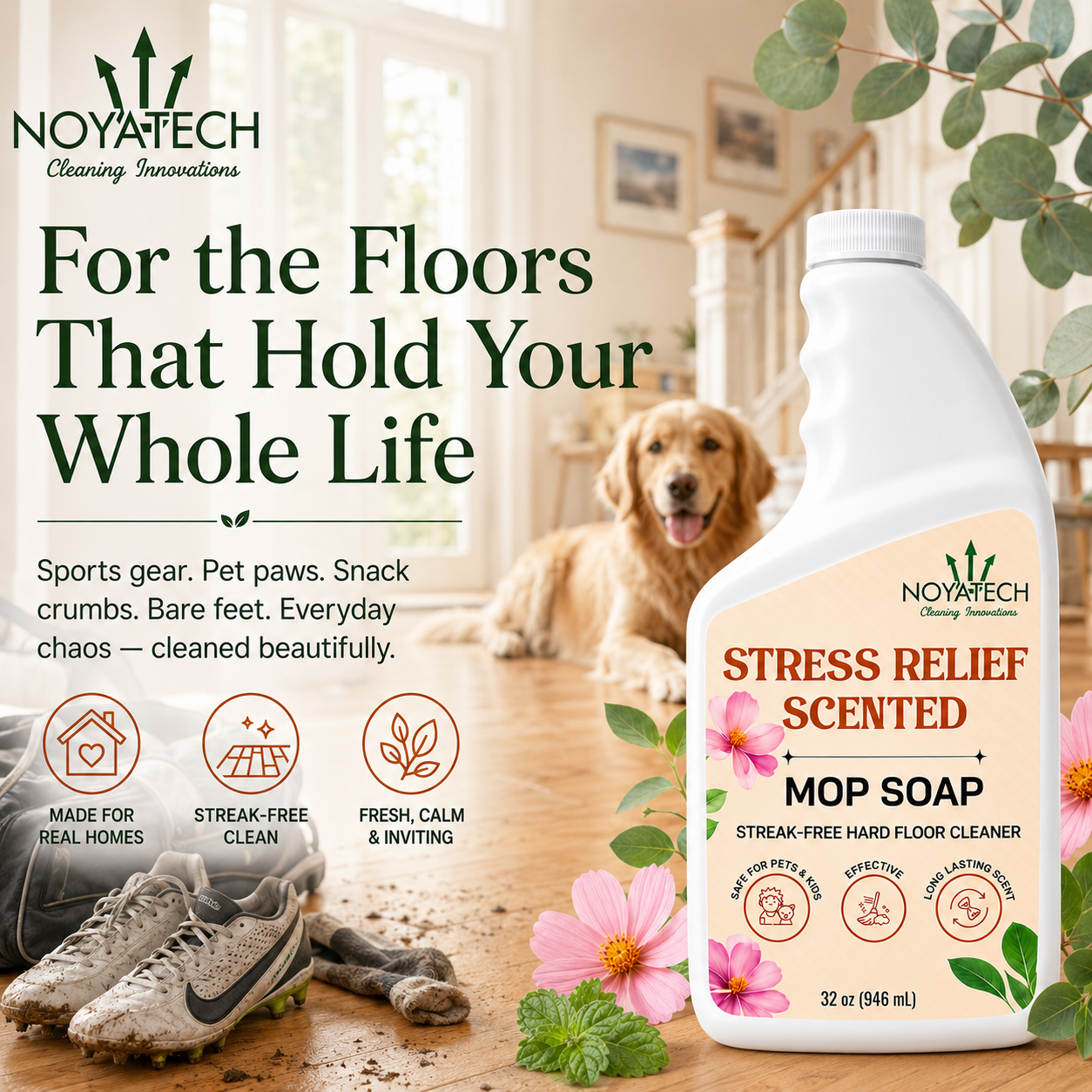 NOYATECH Stress Relief Mop Soap quart — for floors that hold your whole life: sports gear, pet paws, snack crumbs cleaned beautifully; streak-free clean, fresh & inviting