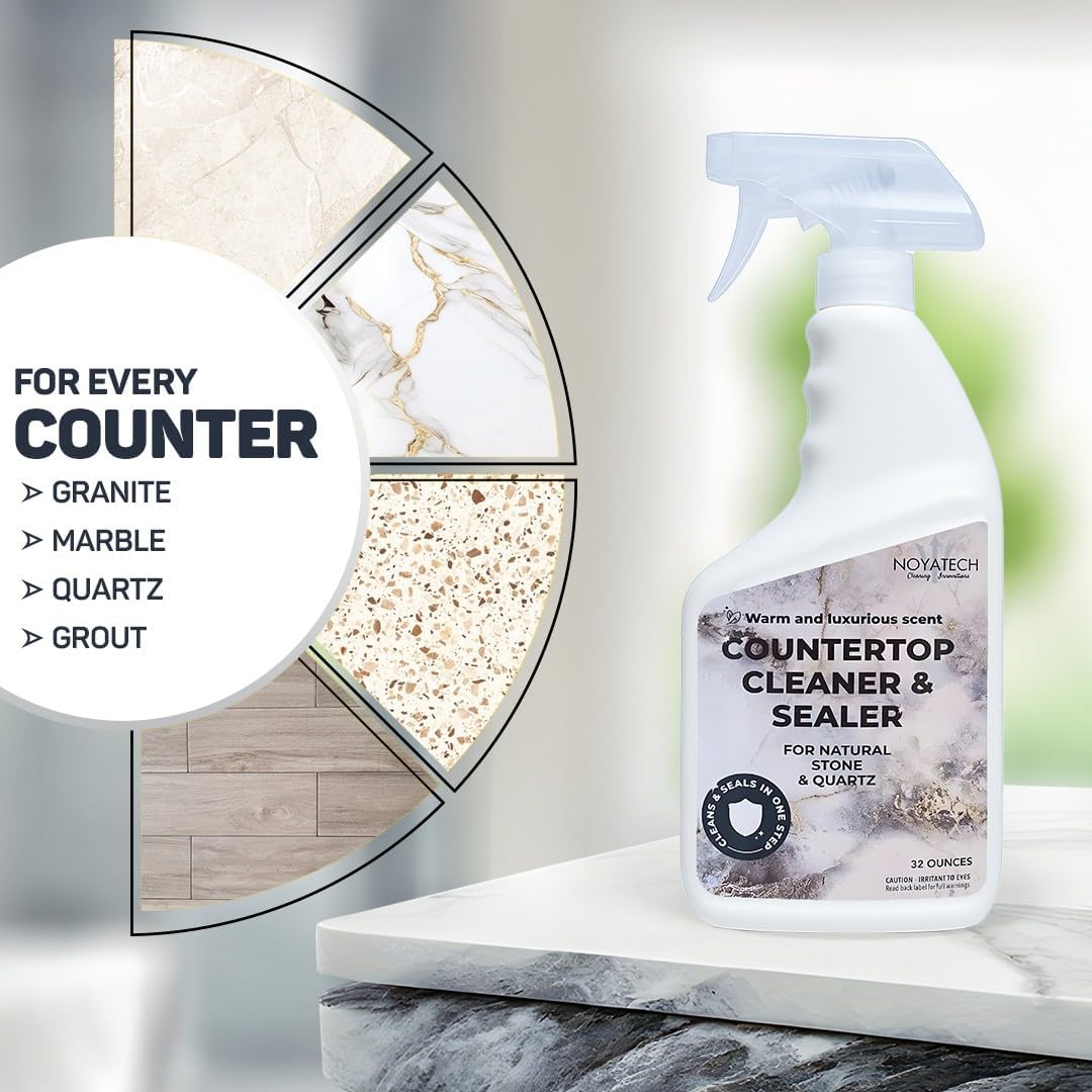 Noyatech Countertop Cleaner and Sealer safe for granite, marble, quartz, grout, and other natural stone surfaces