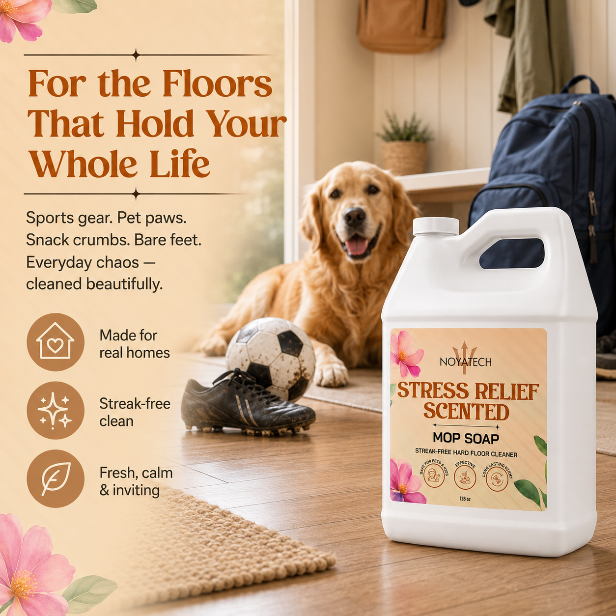 NOYATECH Stress Relief Mop Soap gallon — for the floors that hold your whole life: sports gear, pet paws, snack crumbs; streak-free, fresh, calm & inviting
