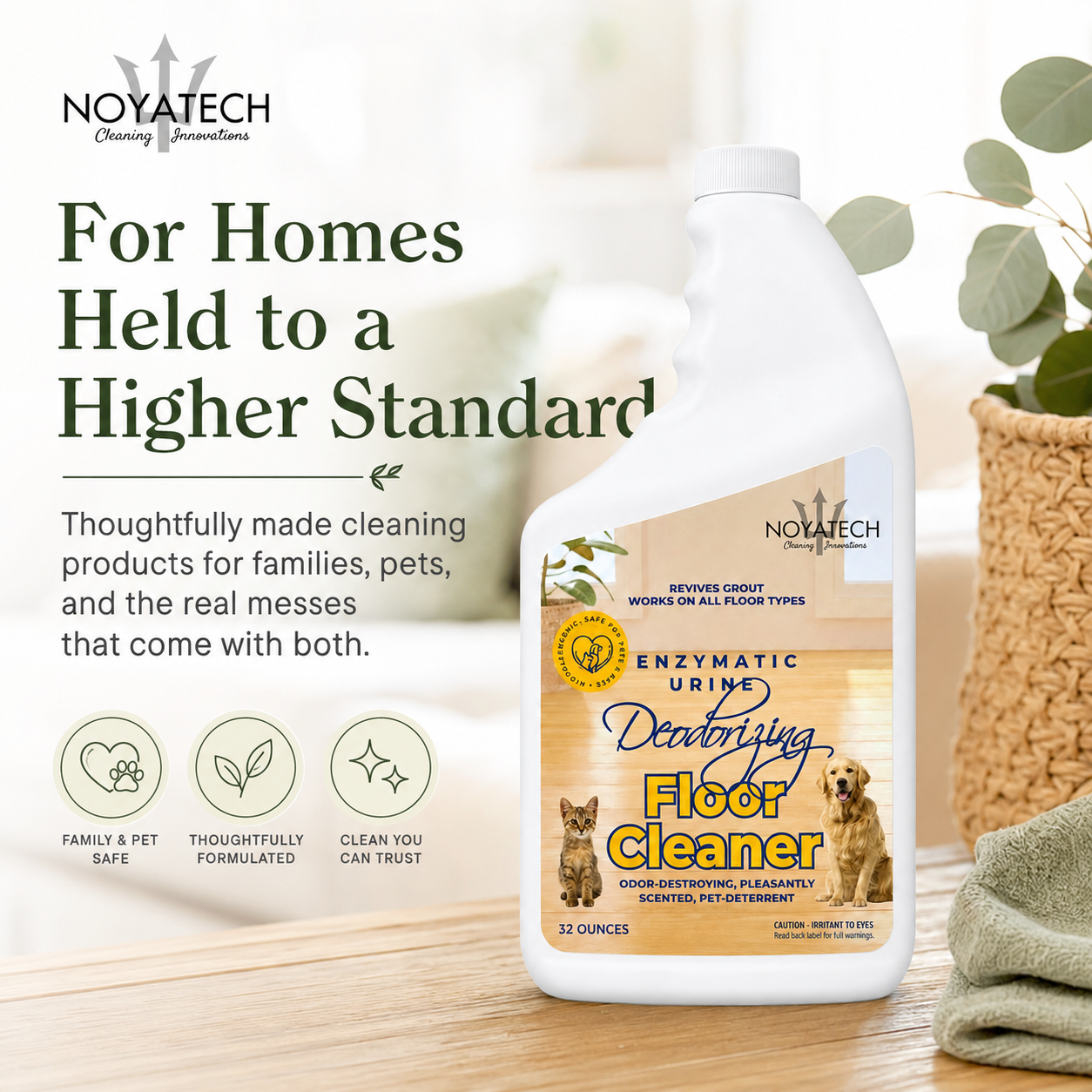 NOYATECH Enzymatic Floor Cleaner styled in a serene home — thoughtfully formulated for families, pets and the real messes of luxury everyday living