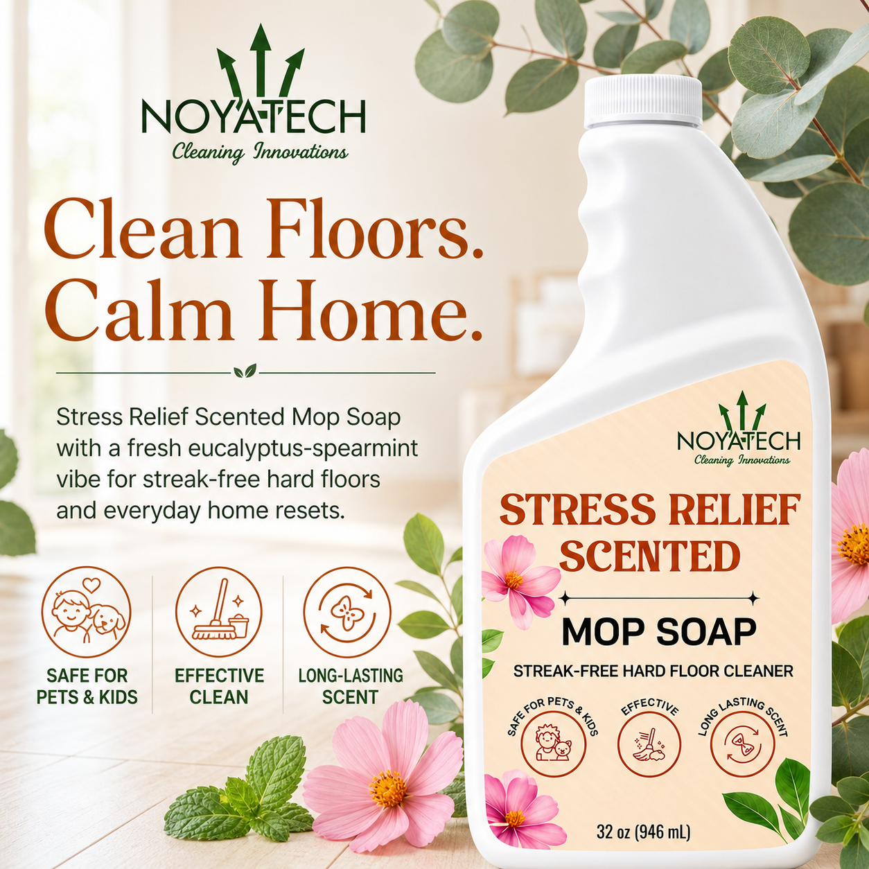 NOYATECH Stress Relief scented Mop Soap with eucalyptus-spearmint vibe — clean floors, calm home; streak-free hard floor cleaner safe for pets & kids