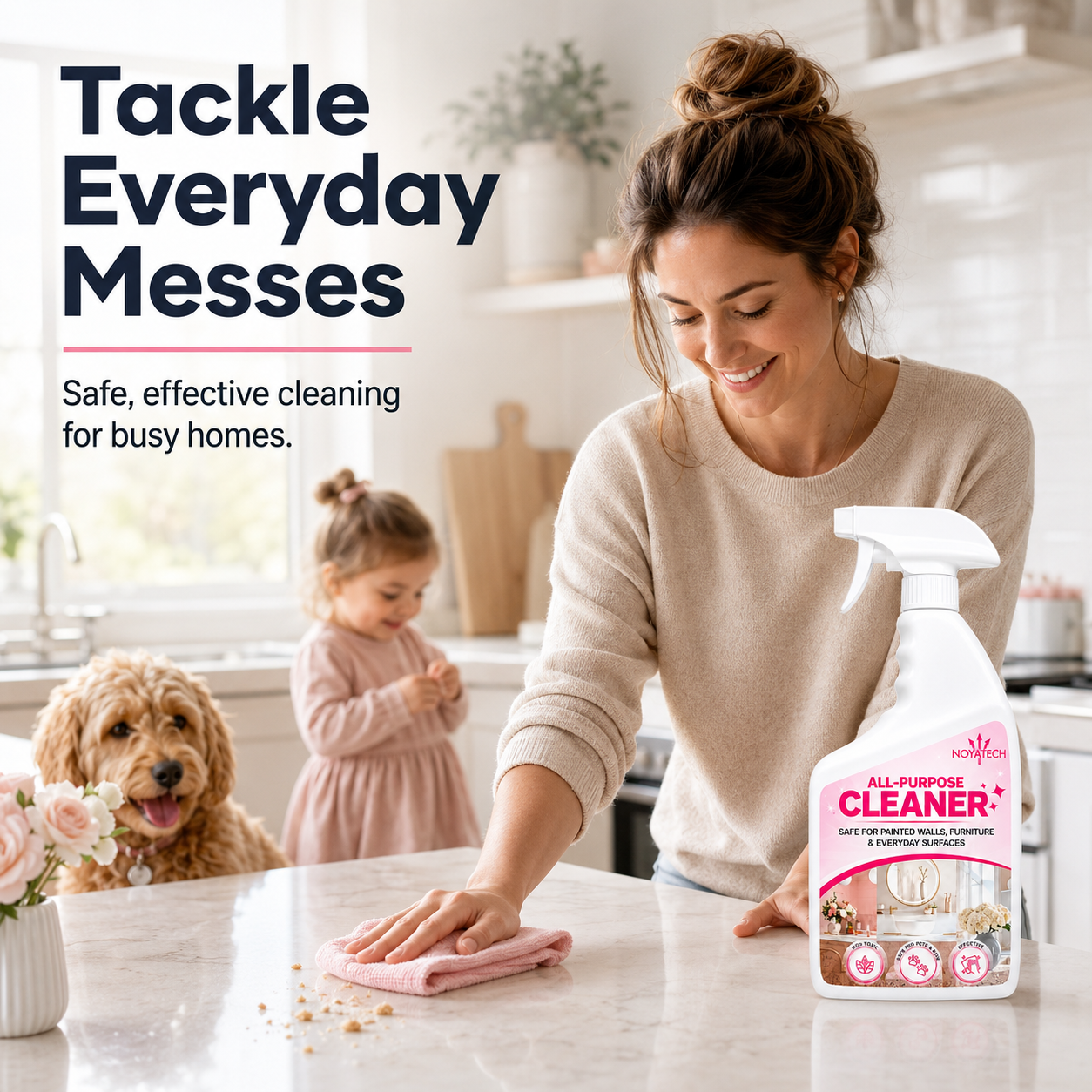 Mother wiping a marble countertop with NOYATECH All-Purpose Cleaner while toddler and dog play nearby — safe, effective cleaning for busy homes