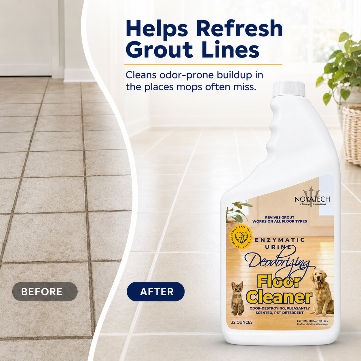 Before-and-after of stained vs. refreshed tile grout with NOYATECH Enzymatic Floor Cleaner — cleans odor-prone buildup mops often miss