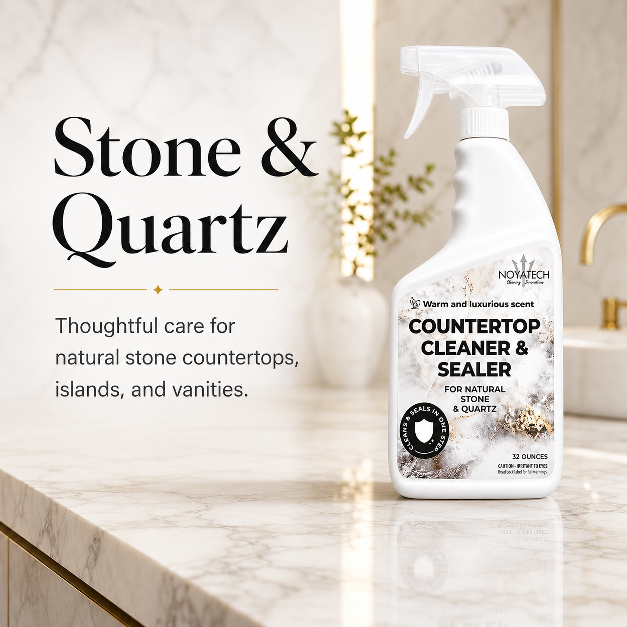 NOYATECH Countertop Cleaner & Sealer for stone & quartz — thoughtful care for natural stone countertops, islands, and vanities