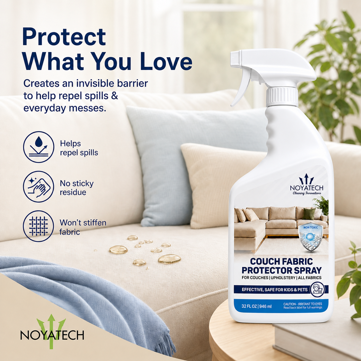 NOYATECH Couch Fabric Protector Spray, 32 oz Upholstery Protector & Stain Guard, Water-Based Fabric Protection Spray for Couches, Furniture, Rugs, Chairs & All Fabrics, Kid & Pet Home Friendly