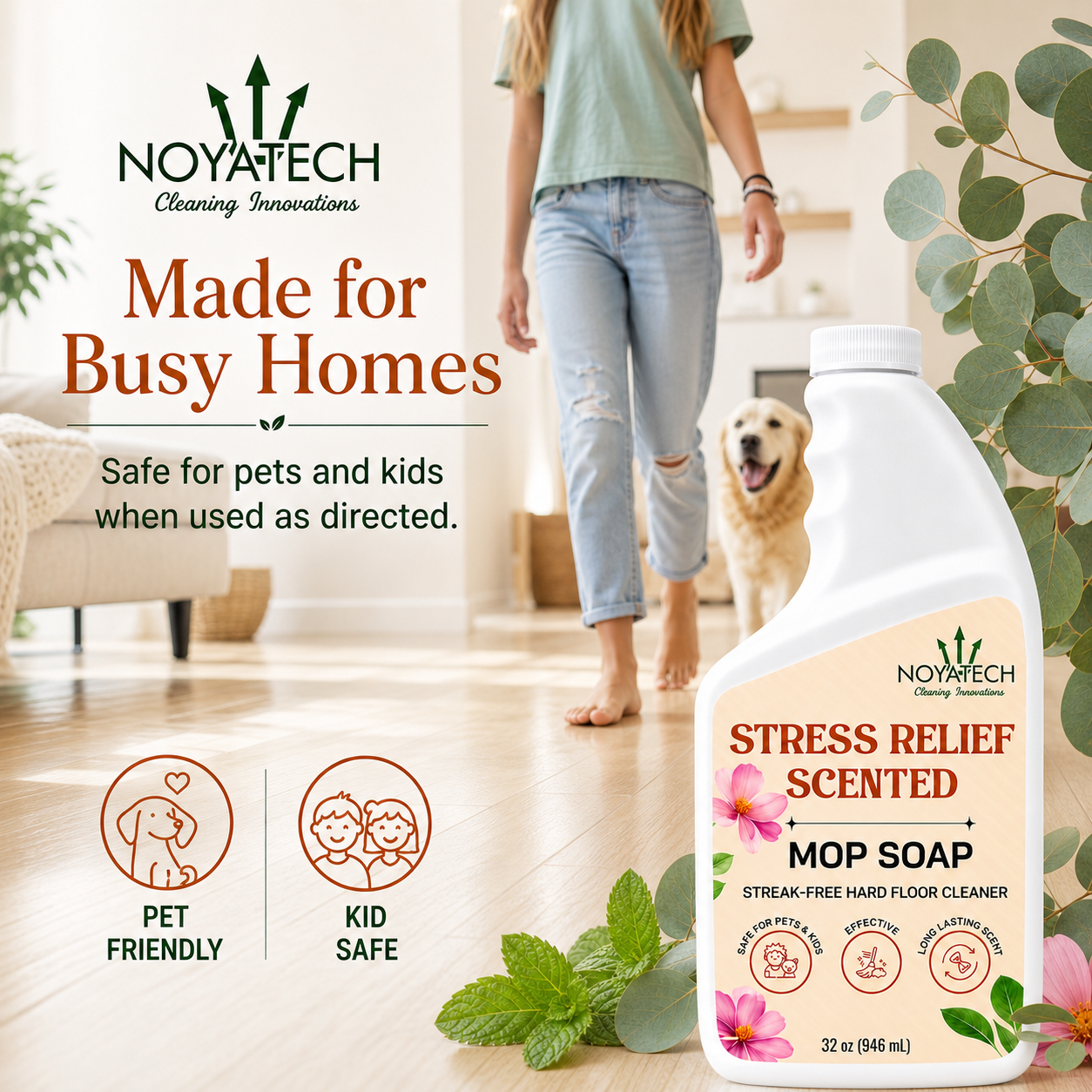 NOYATECH Stress Relief scented Mop Soap made for busy homes — streak-free hard floor cleaner safe for pets and kids when used as directed