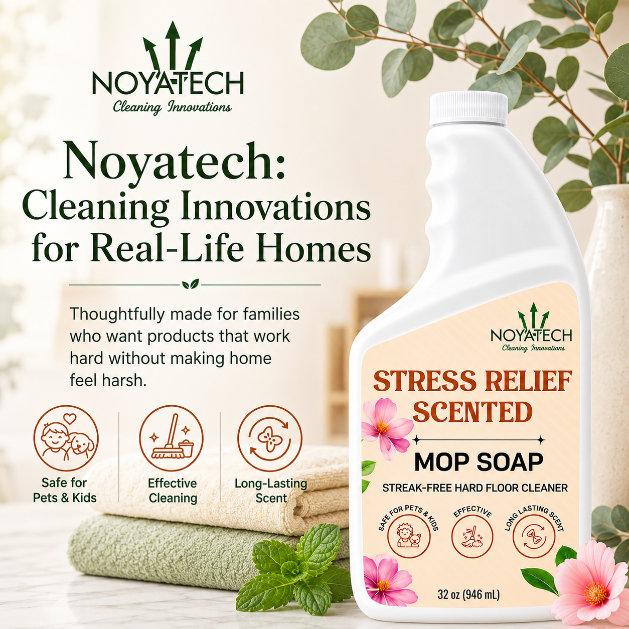 NOYATECH Stress Relief scented Mop Soap — cleaning innovations for real-life homes; safe for pets & kids, effective cleaning, long-lasting scent